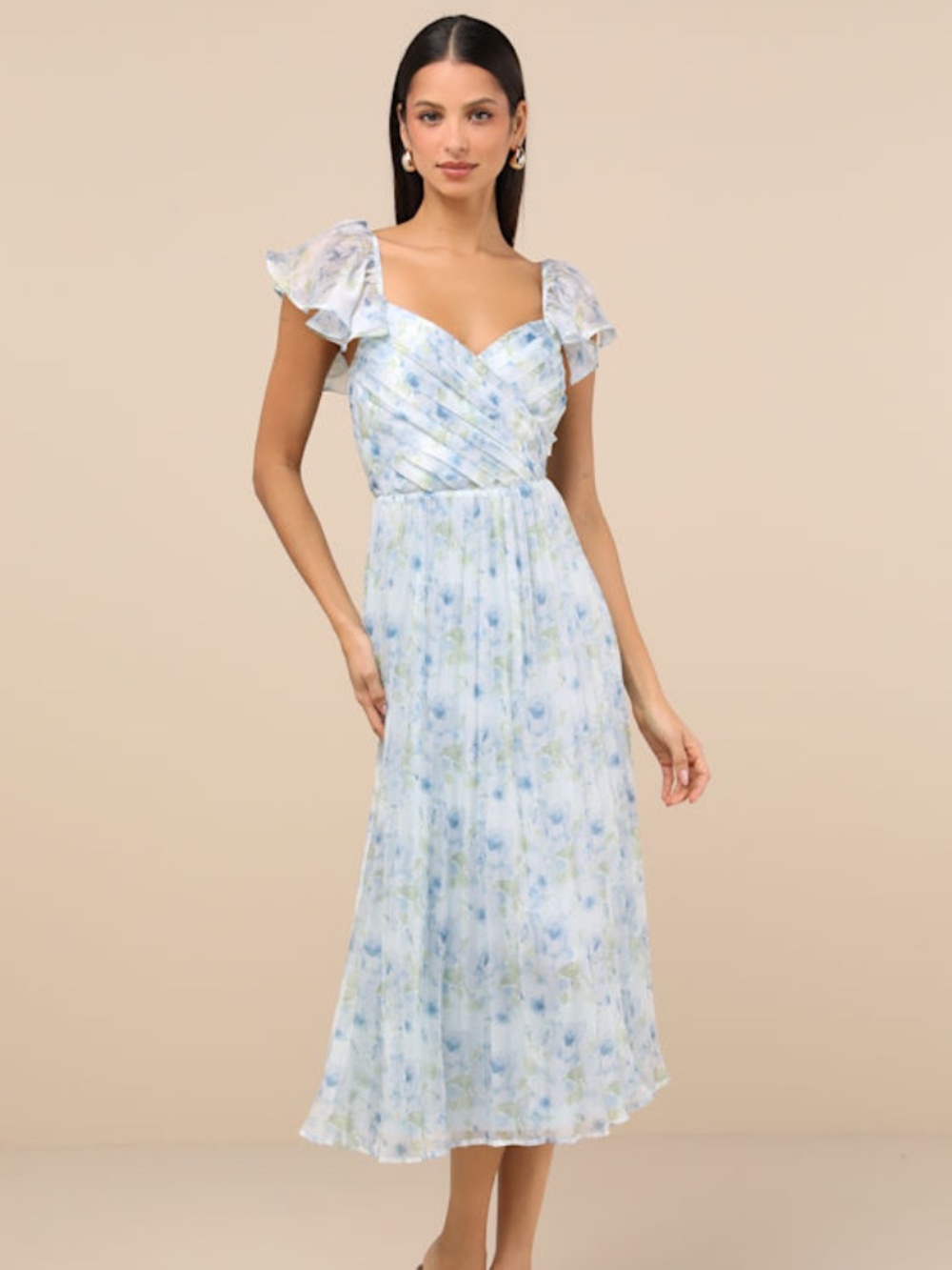 Lulus Gorgeous Presence Blue Floral Pleated Lace-up Midi Dress - Size XL